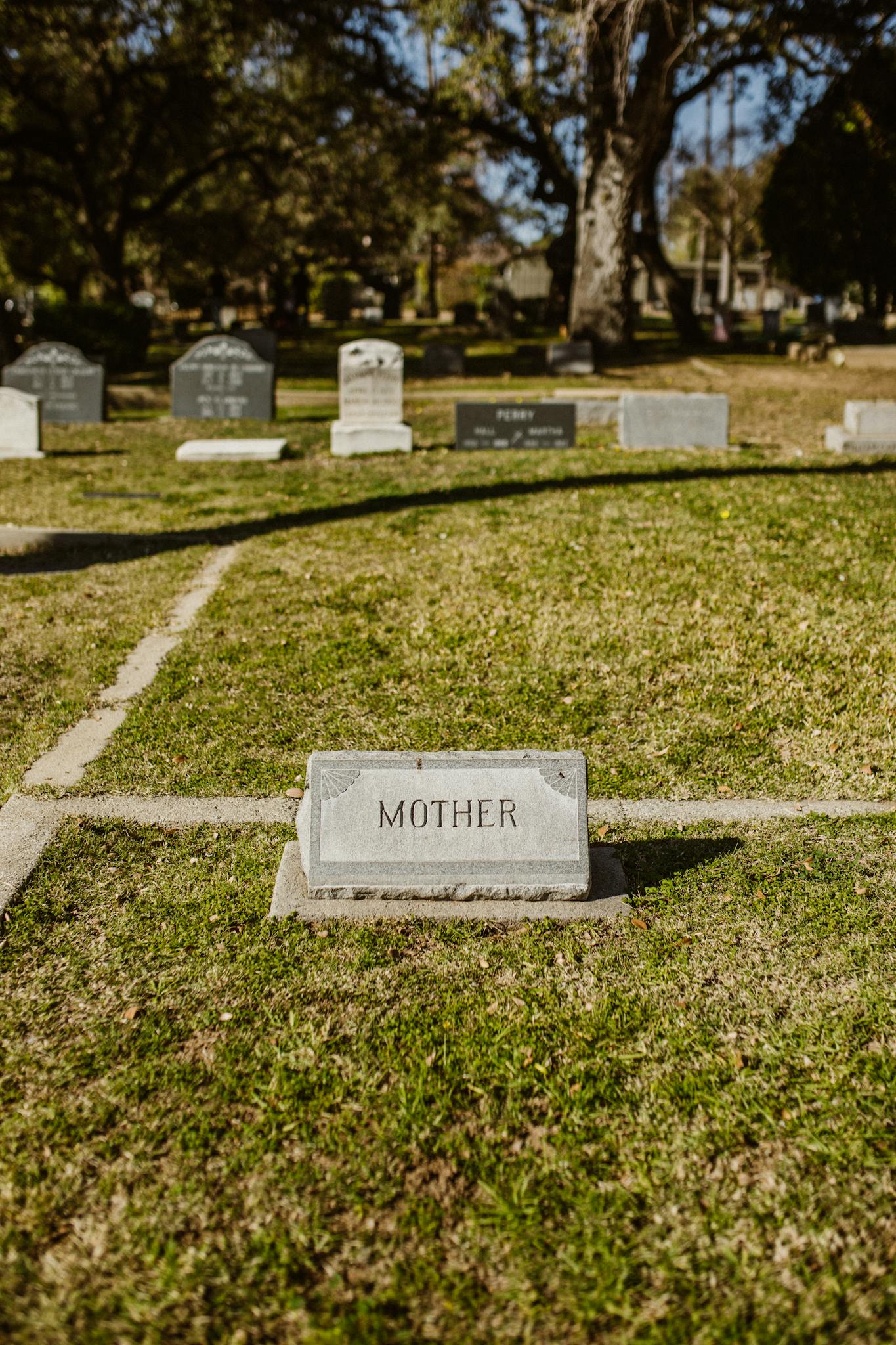 A peaceful cemetery scene with a gravestone marked 'Mother', surrounded by greenery.